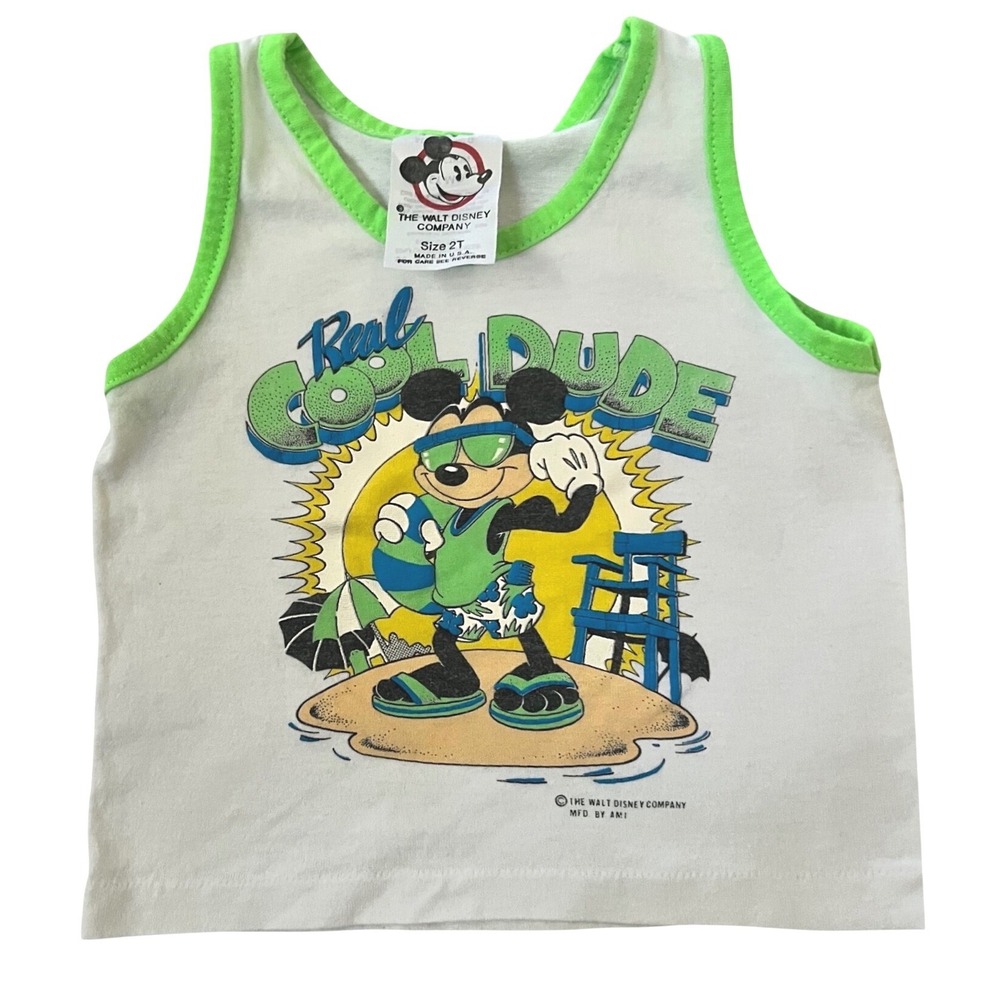Vintage Disney Tank Top White Neon Green Mickey Mouse Real Cool Dude 2T